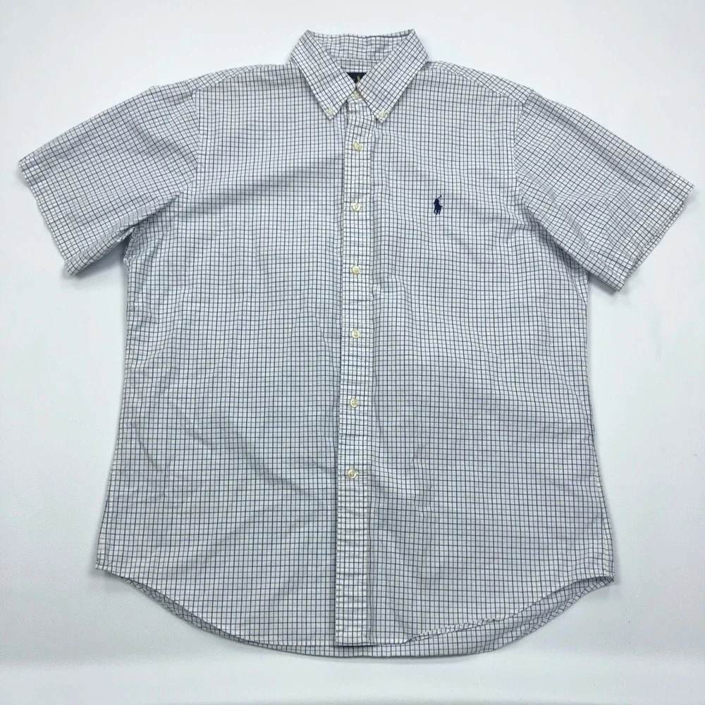 Polo Ralph Lauren Mens Large Blue White Tattersall Check Short Sleeve Shirt L